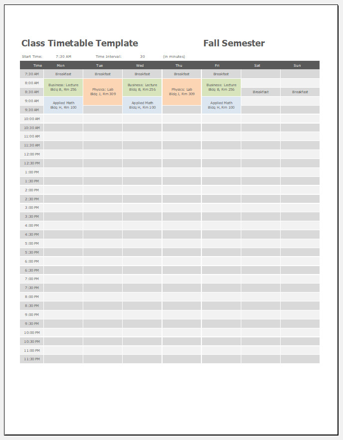 Free Printable Class Timetable Template