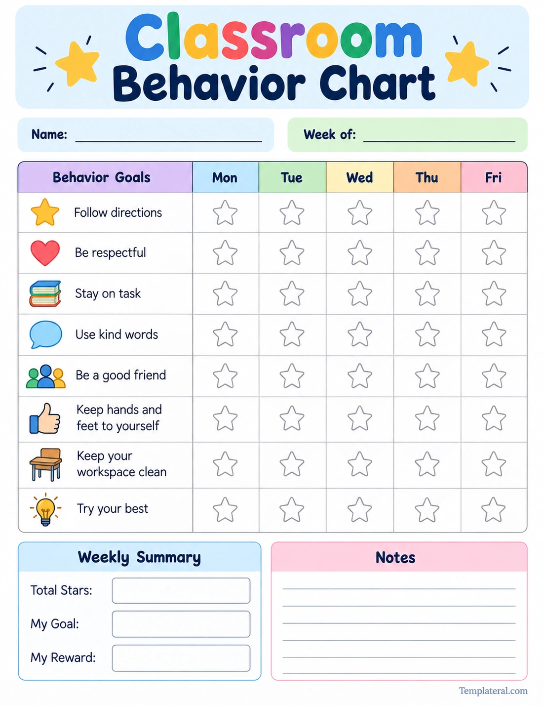 Classroom Behavior Chart Template Printable classroom behavior chart template with weekly behavior goals and star tracking