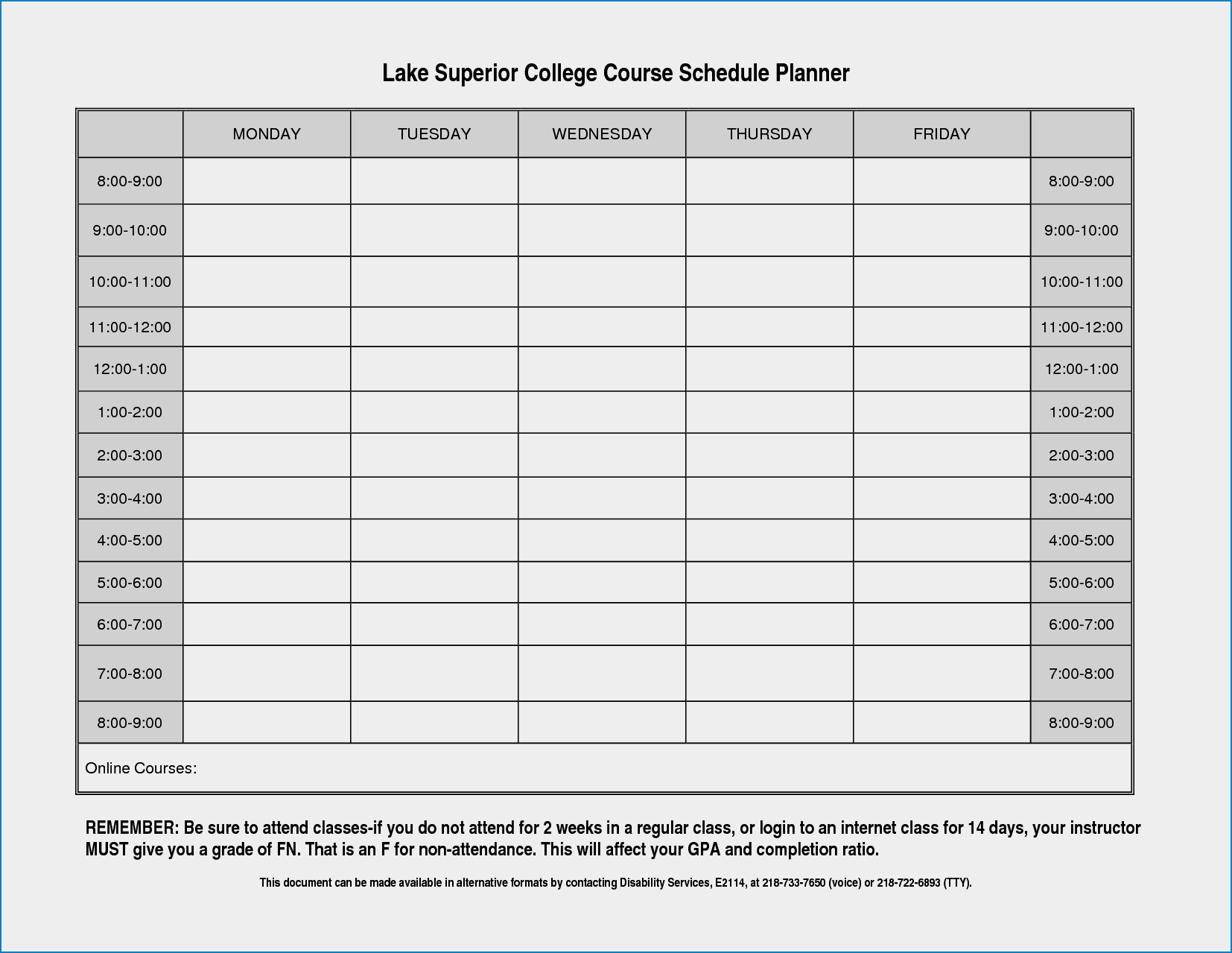 College Class Schedule Template Example