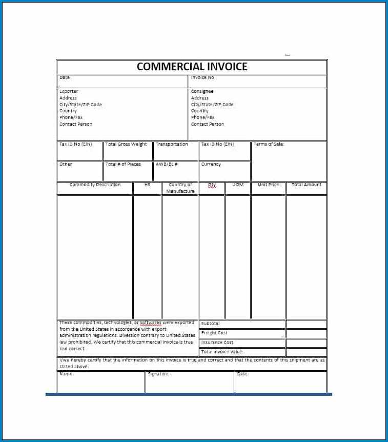 Commercial Invoice Template Sample