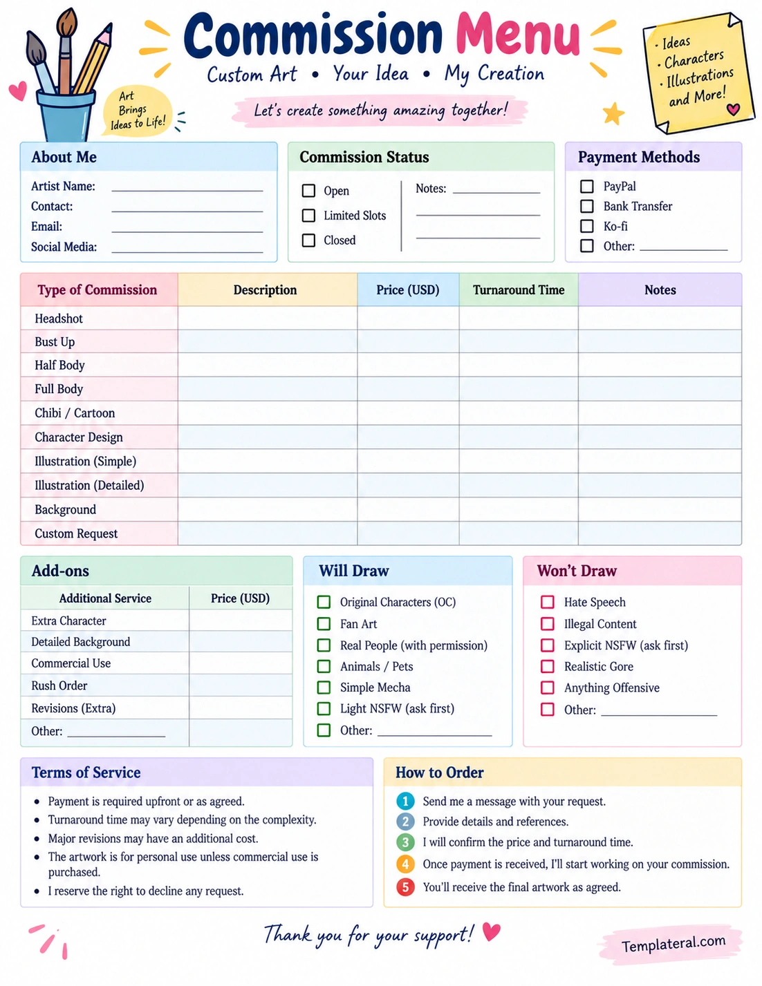 Commission Menu printable commission menu template with artwork pricing table, commission options, add-ons, payment methods, and terms of service