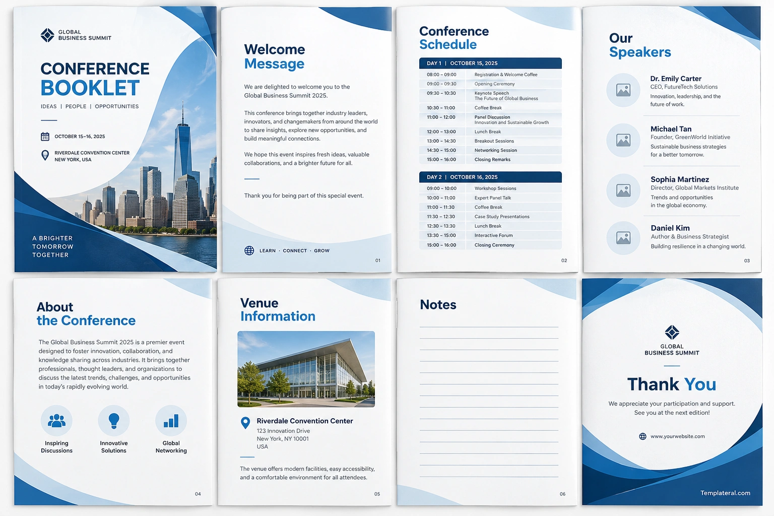 Conference Booklet Template Professional conference booklet sample featuring a cover, welcome message, event schedule, speaker profiles, venue information, notes page, and closing page in a blue and white design