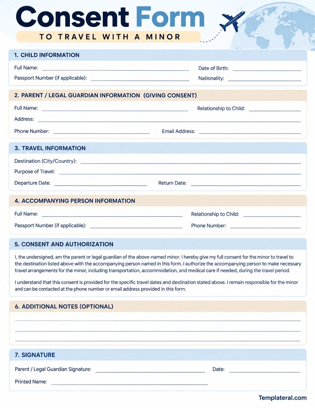 Consent Form to Travel With a Minor Printable consent form to travel with a minor template with child information, parent consent, travel details, accompanying adult, authorization, and signature sections