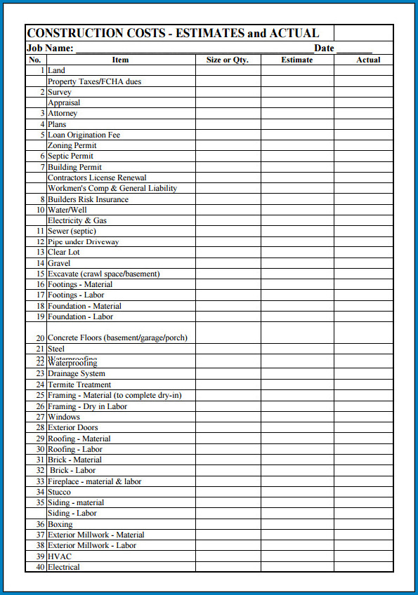  Free Printable Construction Cost Estimate Template