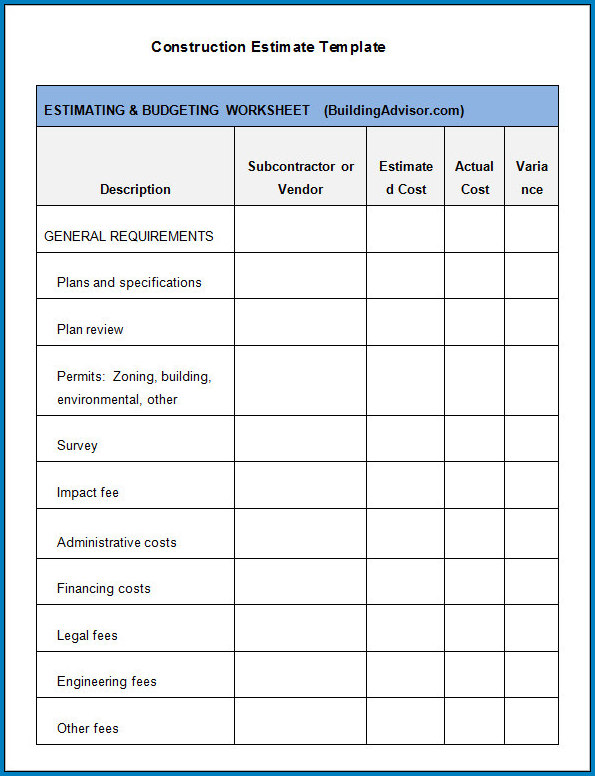 Construction Estimate Template Excel Sample