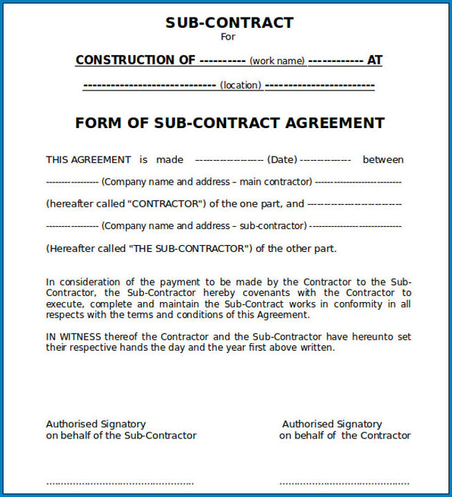 Contract Agreement For Construction Work Example