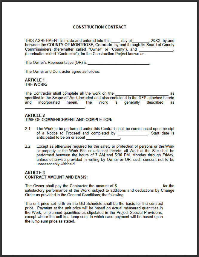Free Printable Contract Agreement Template For Construction Work