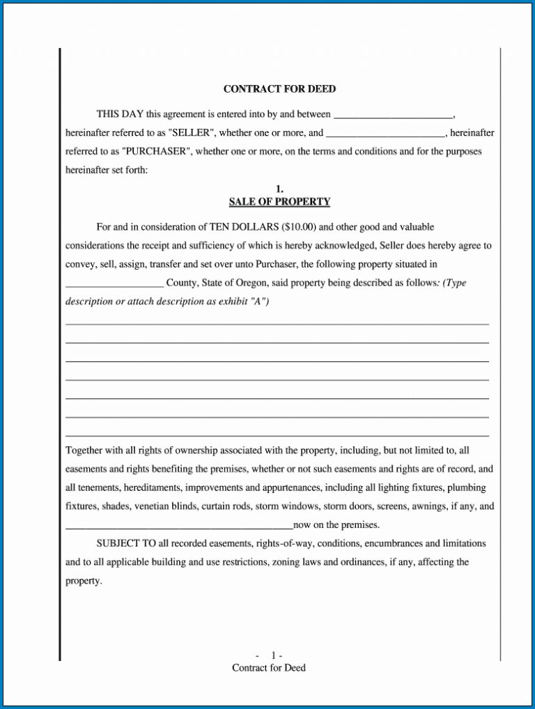√ Free Printable Contract For Deed Template