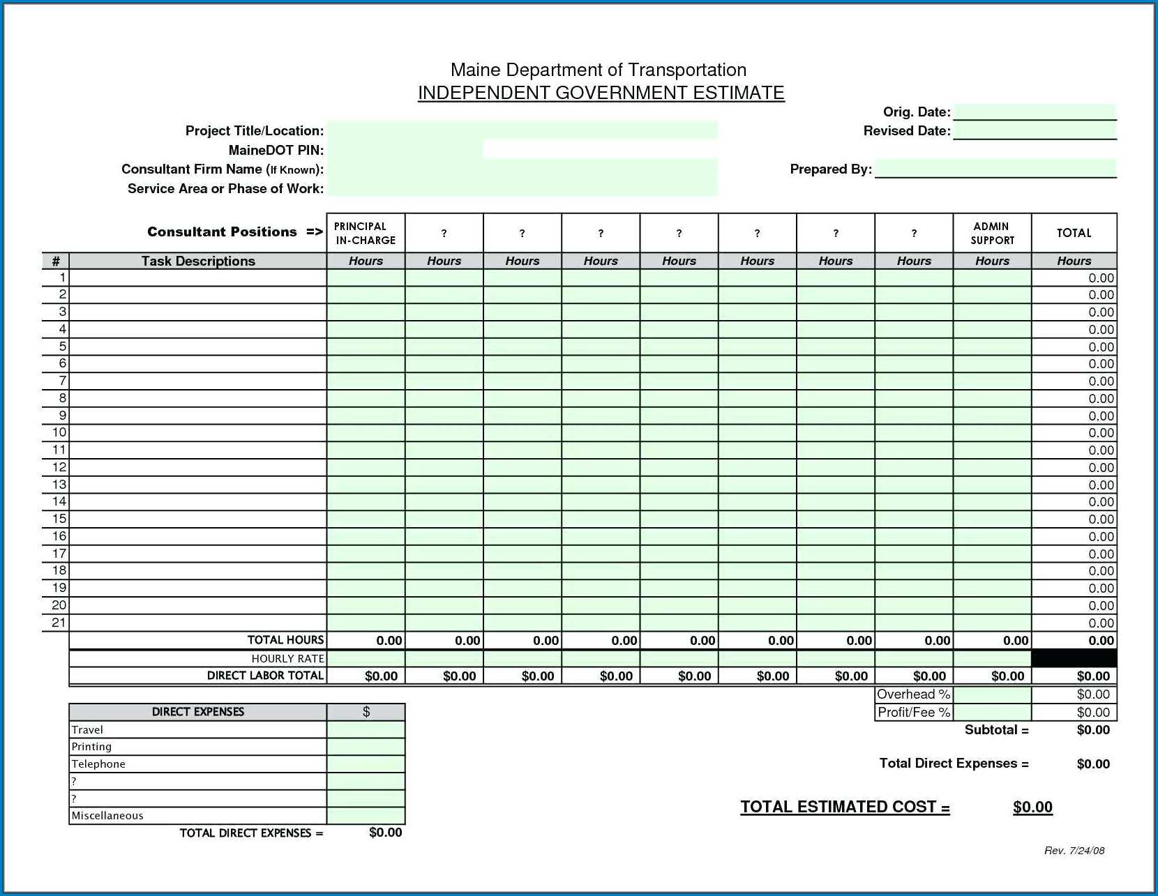Contractor Bid Sheet Template Example