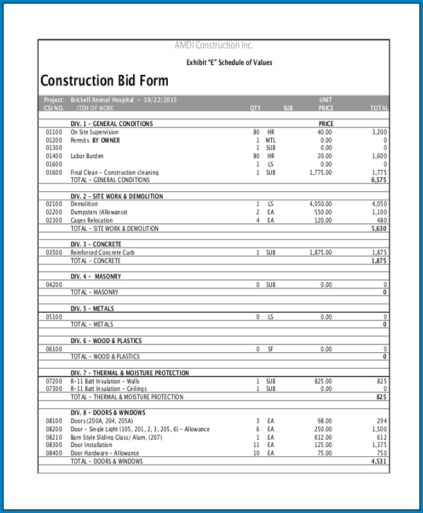 √ Free Printable Contractor Bid Sheet Template