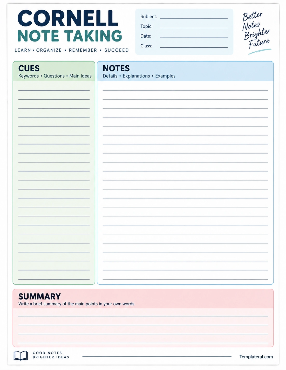 Cornell Note Taking Template Printable Cornell note taking template with cues, notes, and summary sections