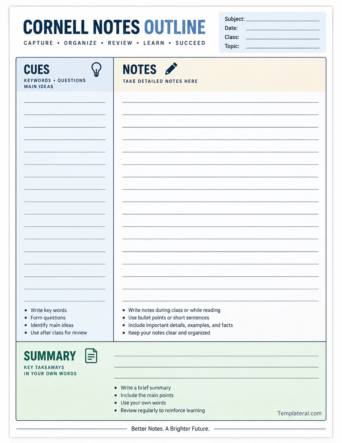 Cornell Notes Outline Printable Cornell notes outline template with cues, notes, and summary sections