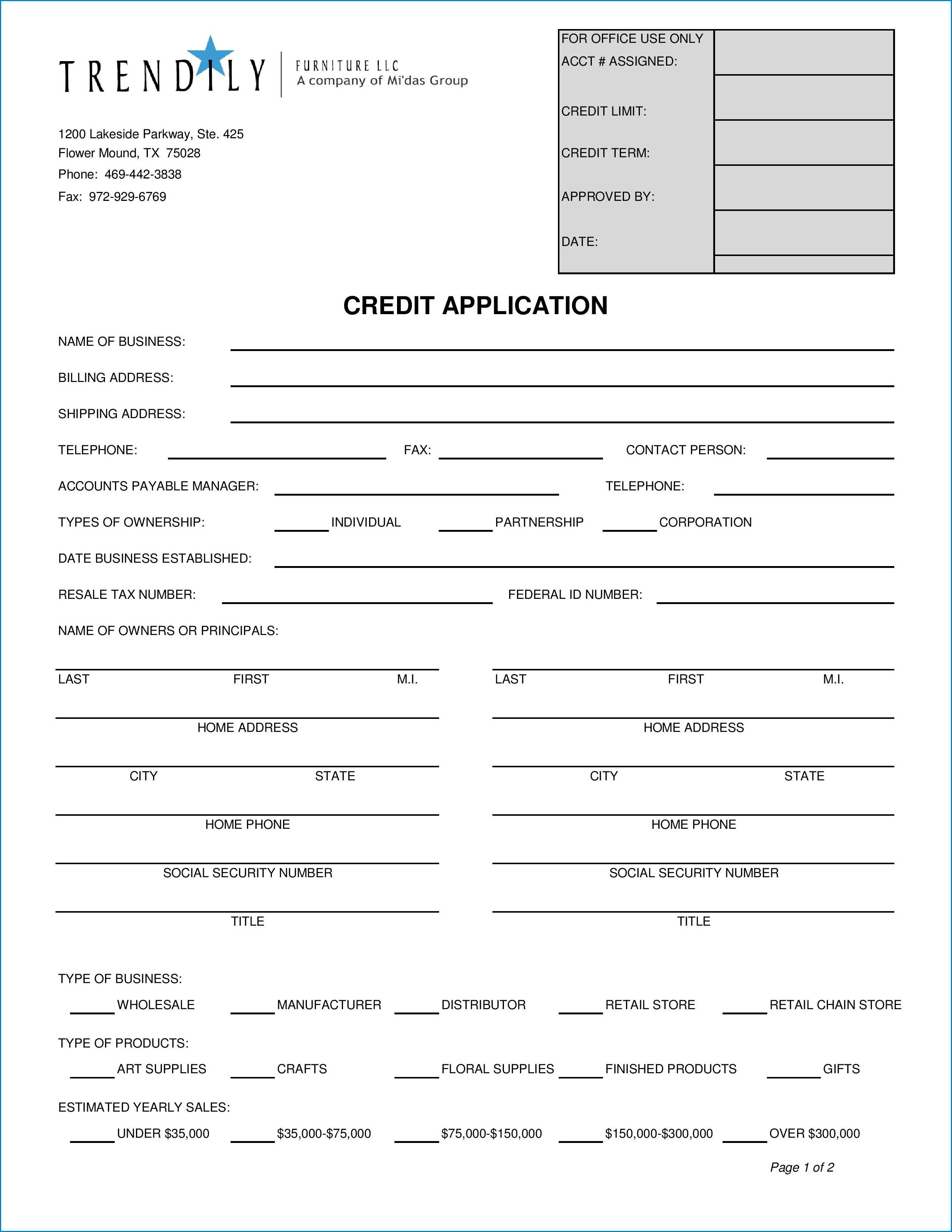 Credit Application Form for Business Example
