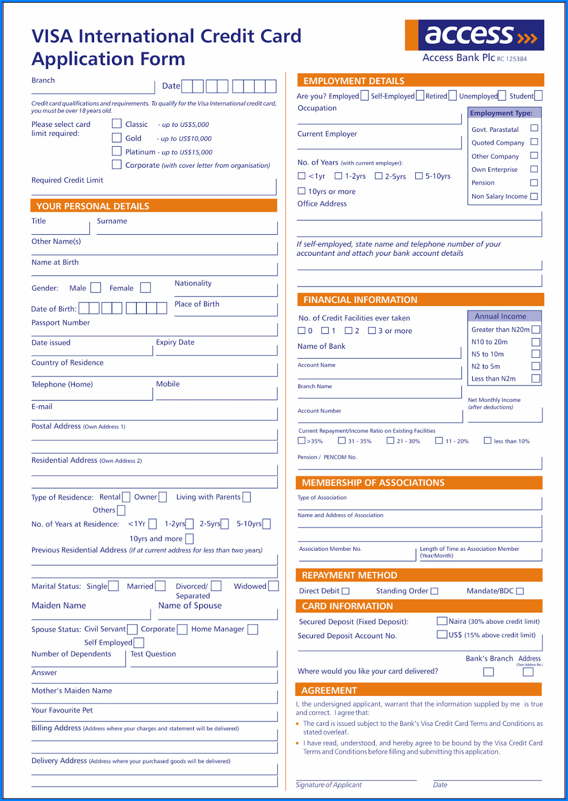Credit Card Application Form Example
