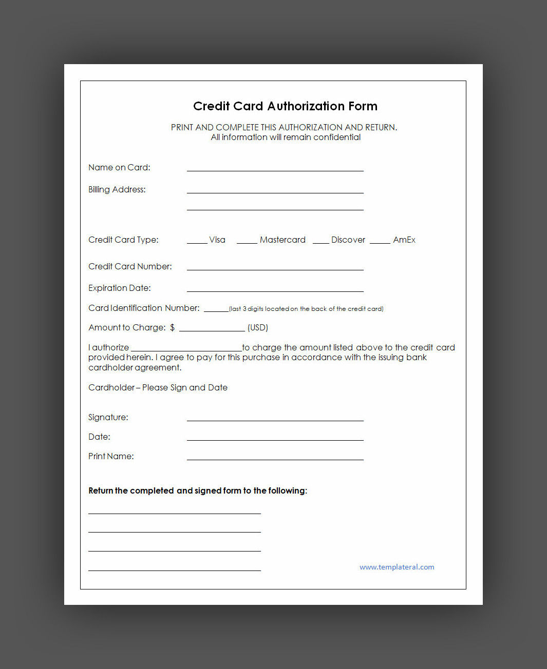 Printable Credit Card Authorization Form Template