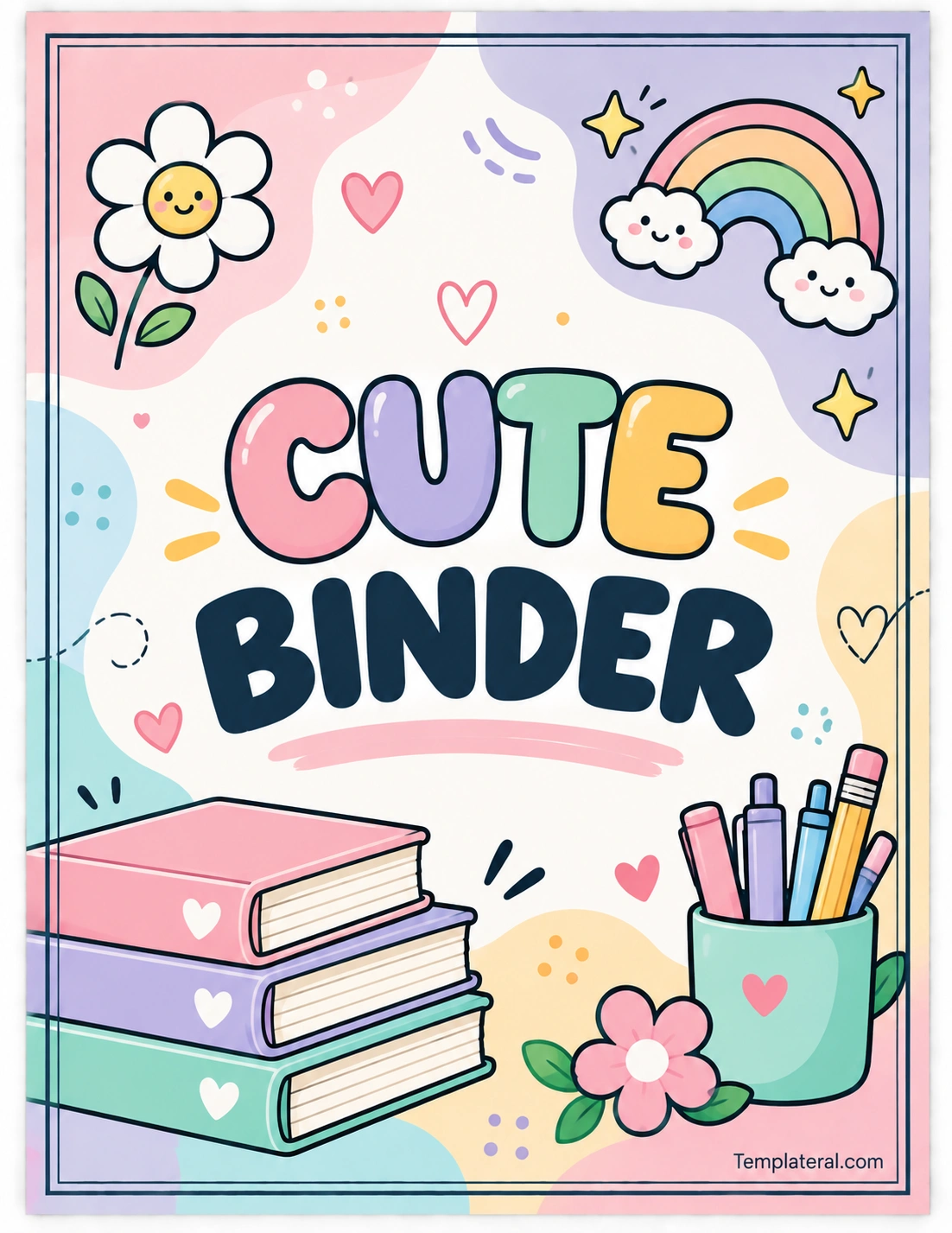 Cute Binder Cover Template Printable Cute Binder Cover Template with pastel colors flowers rainbow hearts and books