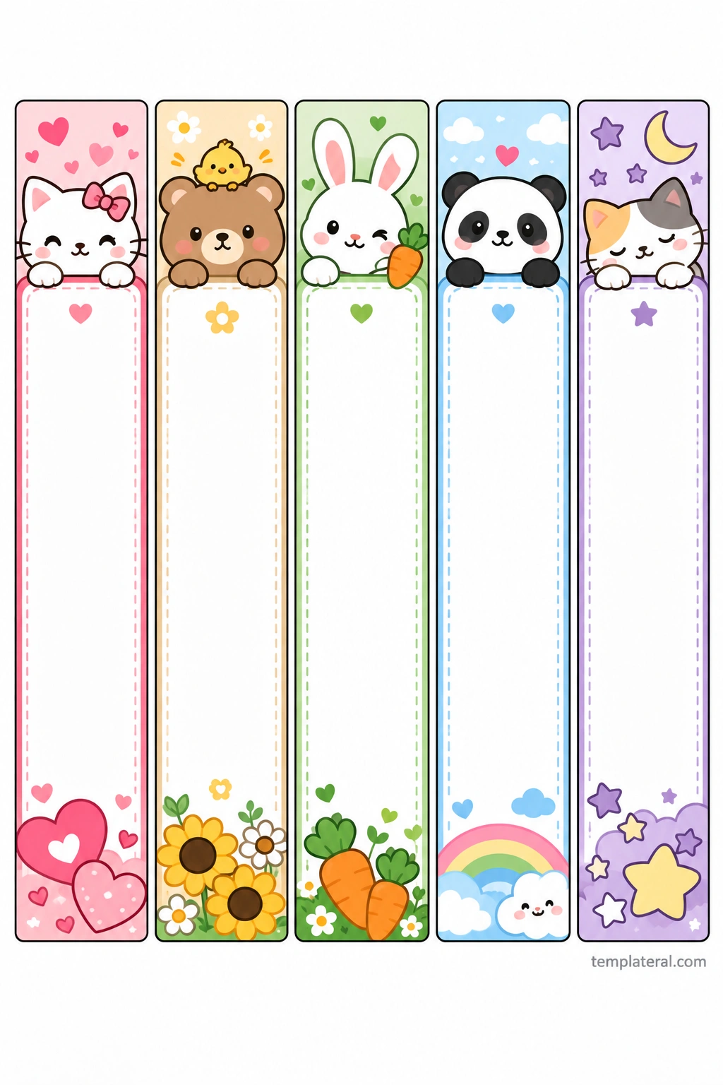 Printable cute bookmark template with pastel kitten, teddy bear, bunny, panda, and sleepy cat designs