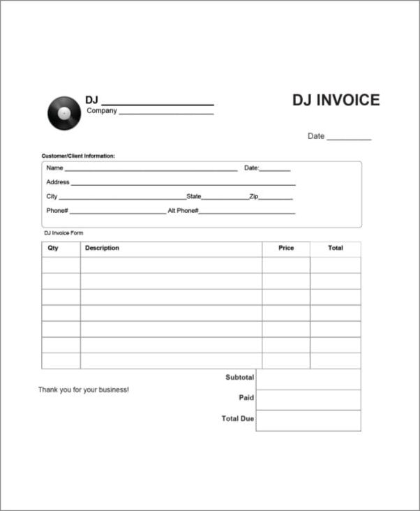 DJ invoice template example