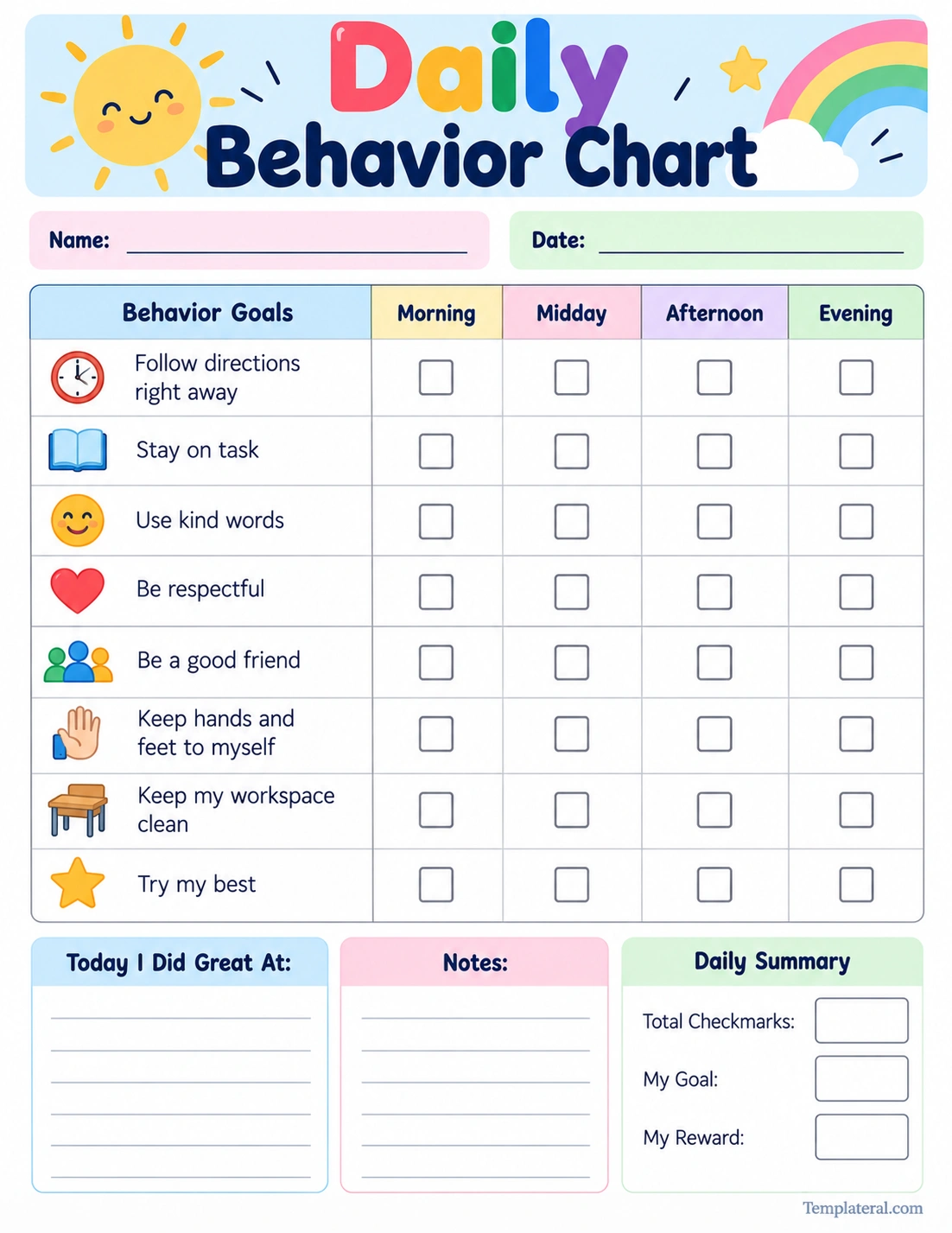 Daily Behavior Chart Template Printable daily behavior chart template with behavior goals and morning, midday, afternoon, and evening tracking