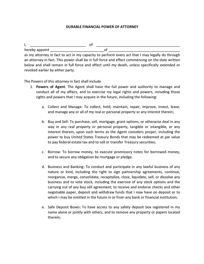 Durable Financial Power of Attorney Form Sample