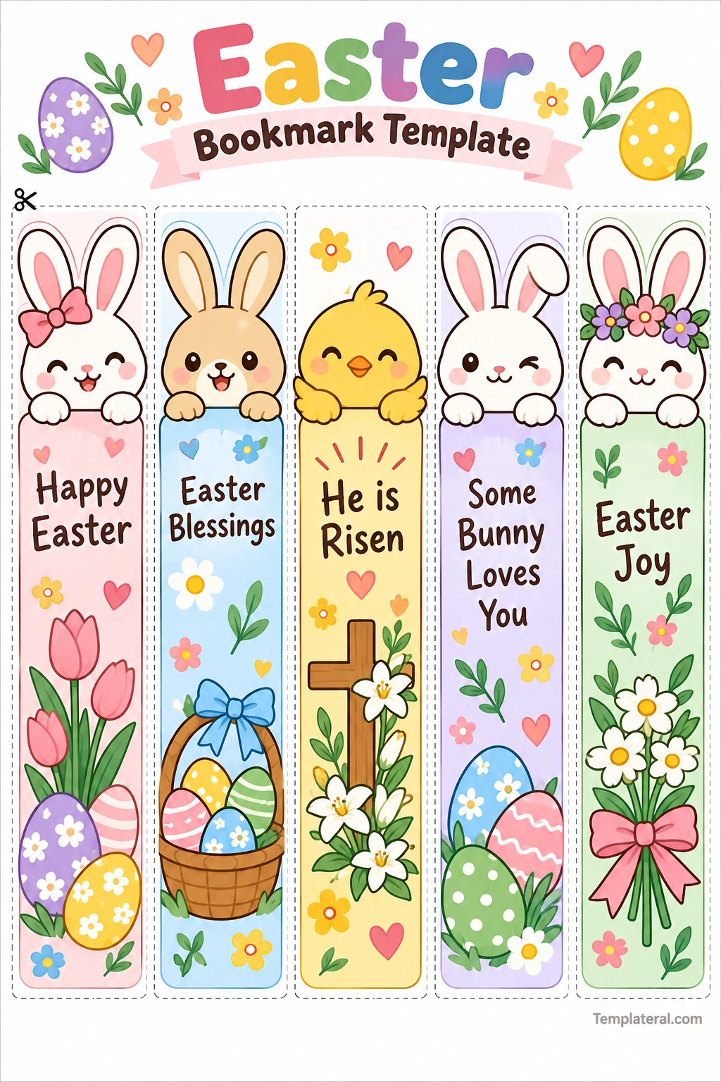 Easter Bookmark Template Printable Easter bookmark template with five pastel designs featuring bunnies, Easter eggs, a chick, spring flowers, and seasonal messages