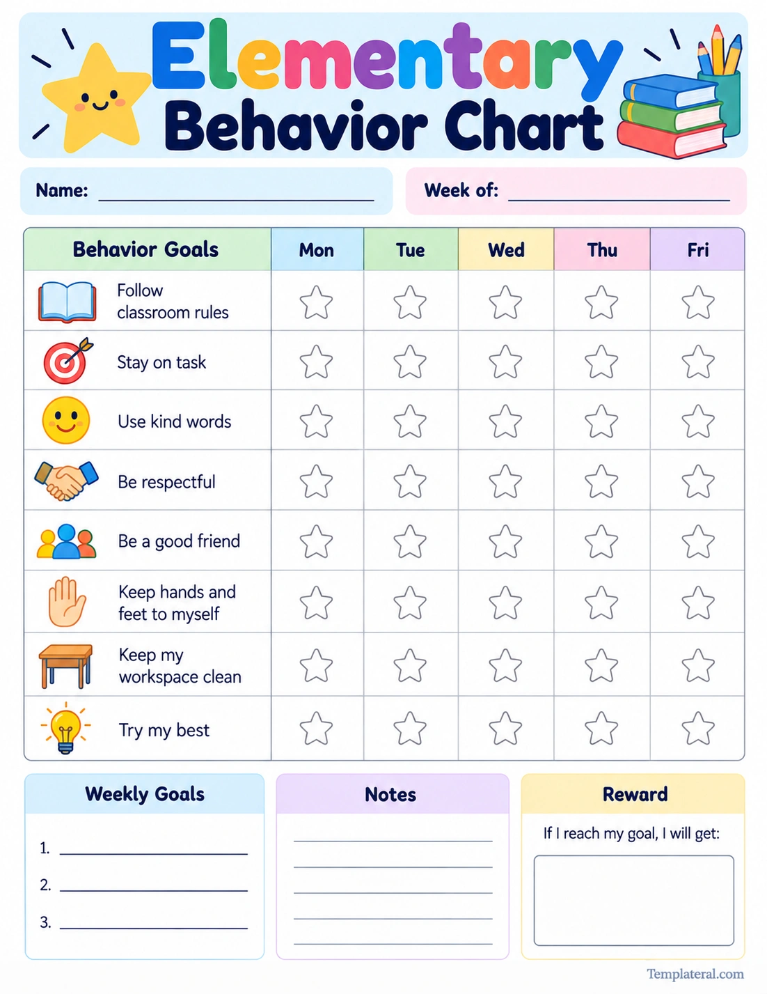 Elementary Behavior Chart Template Printable elementary behavior chart template with weekly behavior goals and daily star tracking