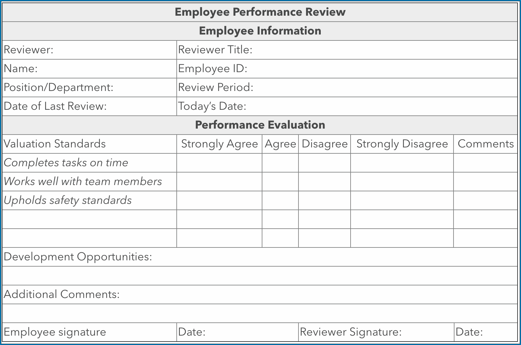 Employee Review Form Example