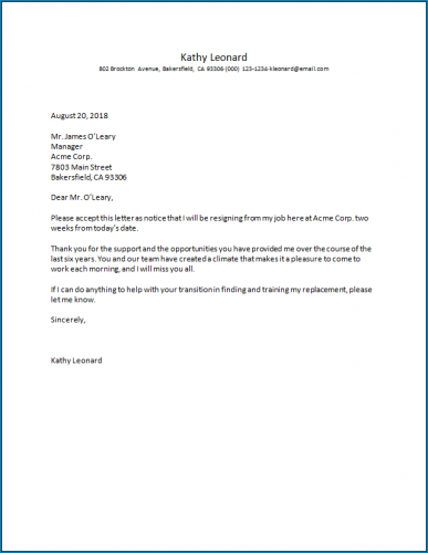 √ Free Printable Employment Resignation Letter Template