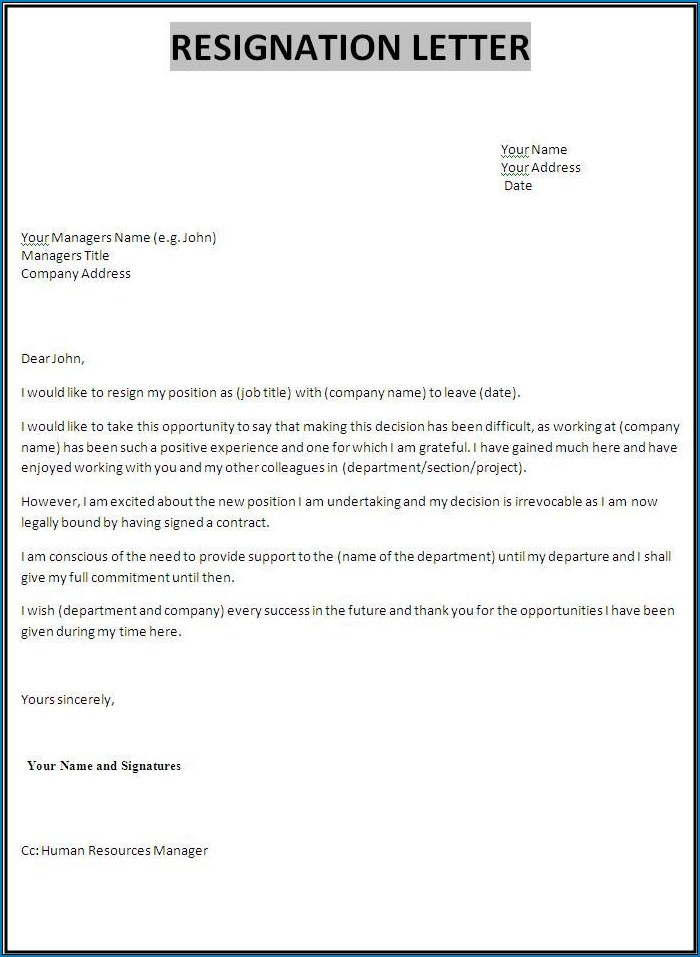 Employment Resignation Letter Template Example