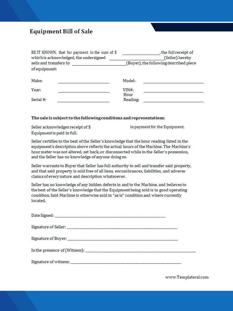 Equipment Bill of Sale Template Equipment Bill of Sale Template