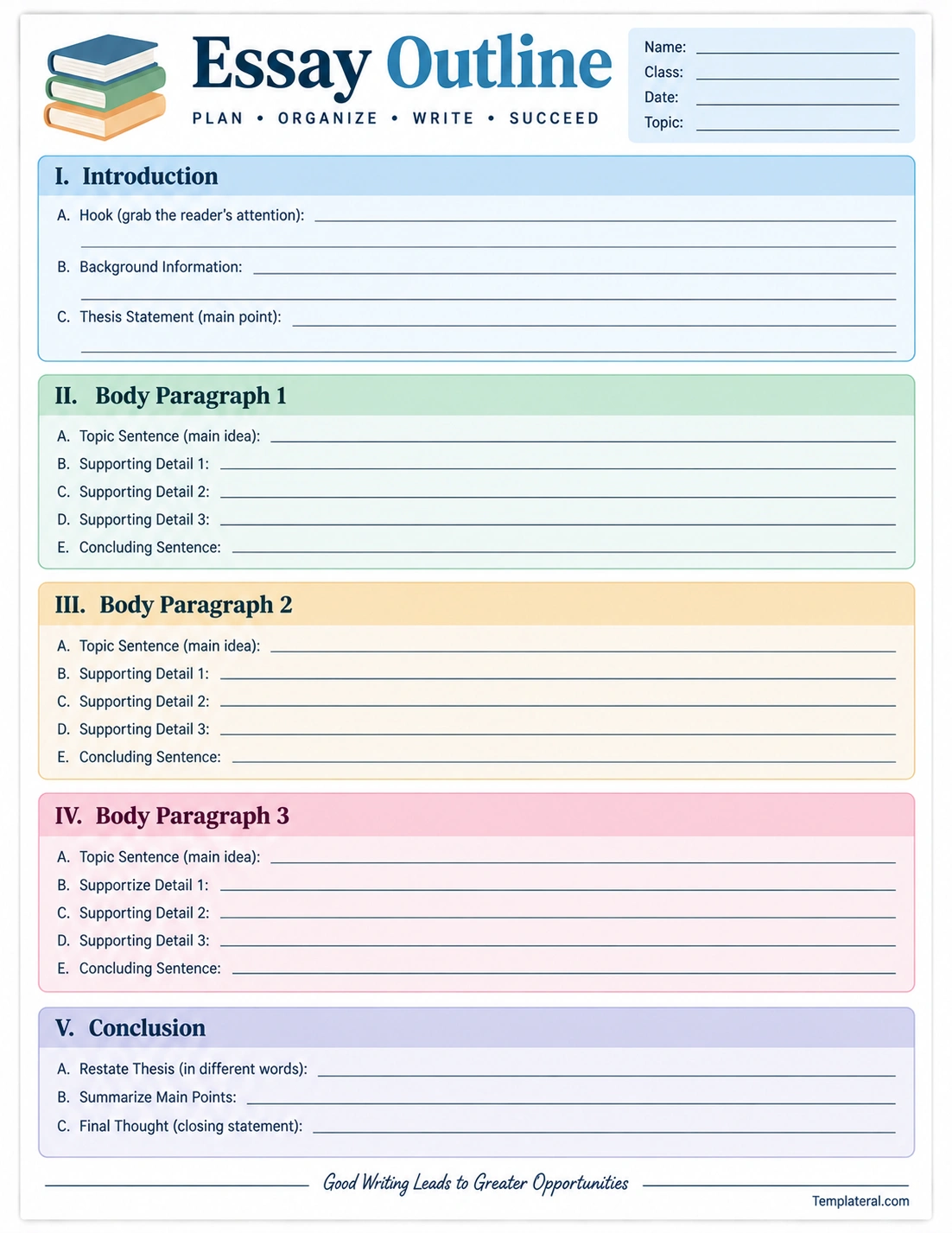 essay outline template with introduction, body paragraphs, supporting details, and conclusion sections