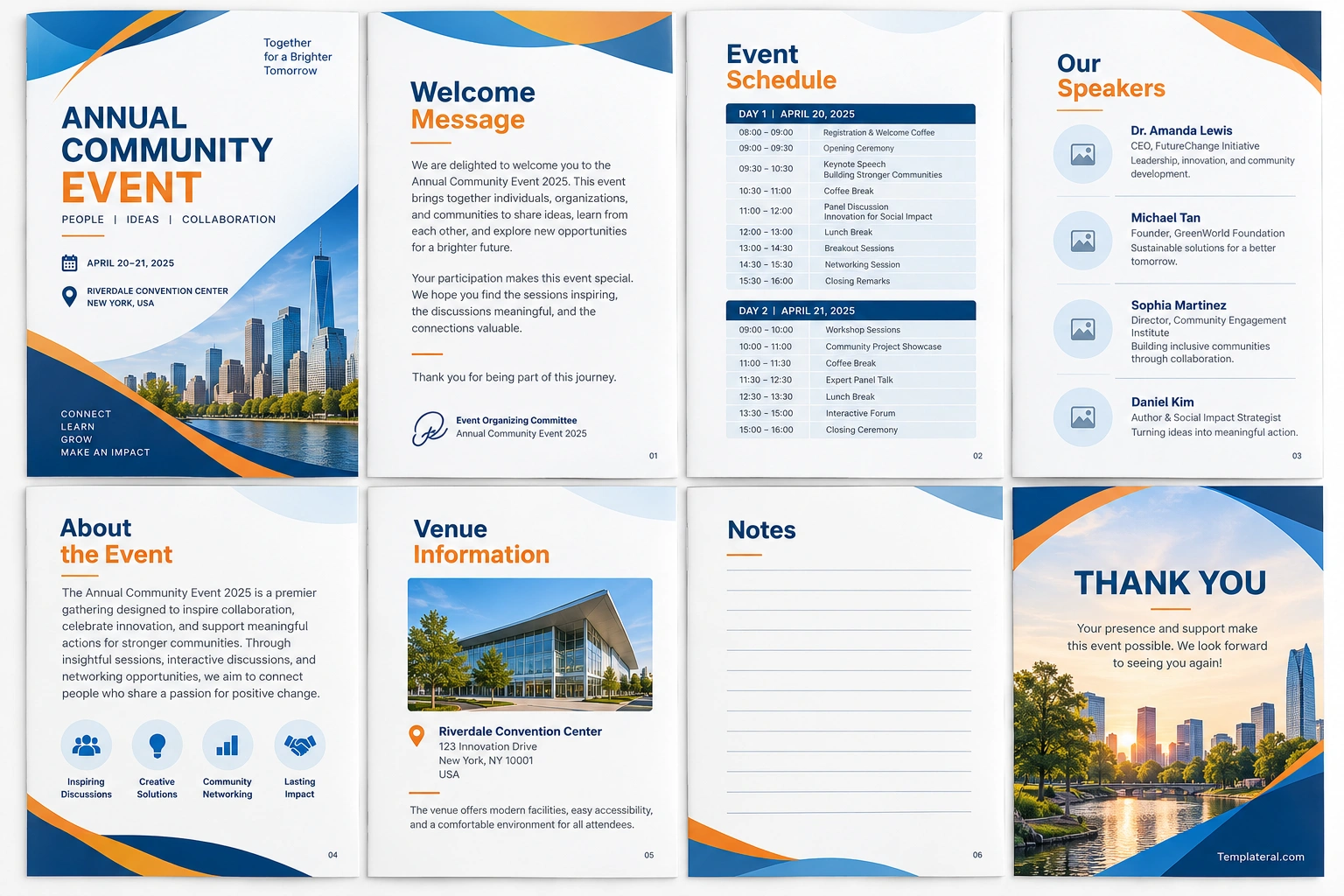 Event Booklet Template Professional event booklet sample with a blue and orange cover, welcome message, event schedule, speaker profiles, venue information, notes page, and thank-you page