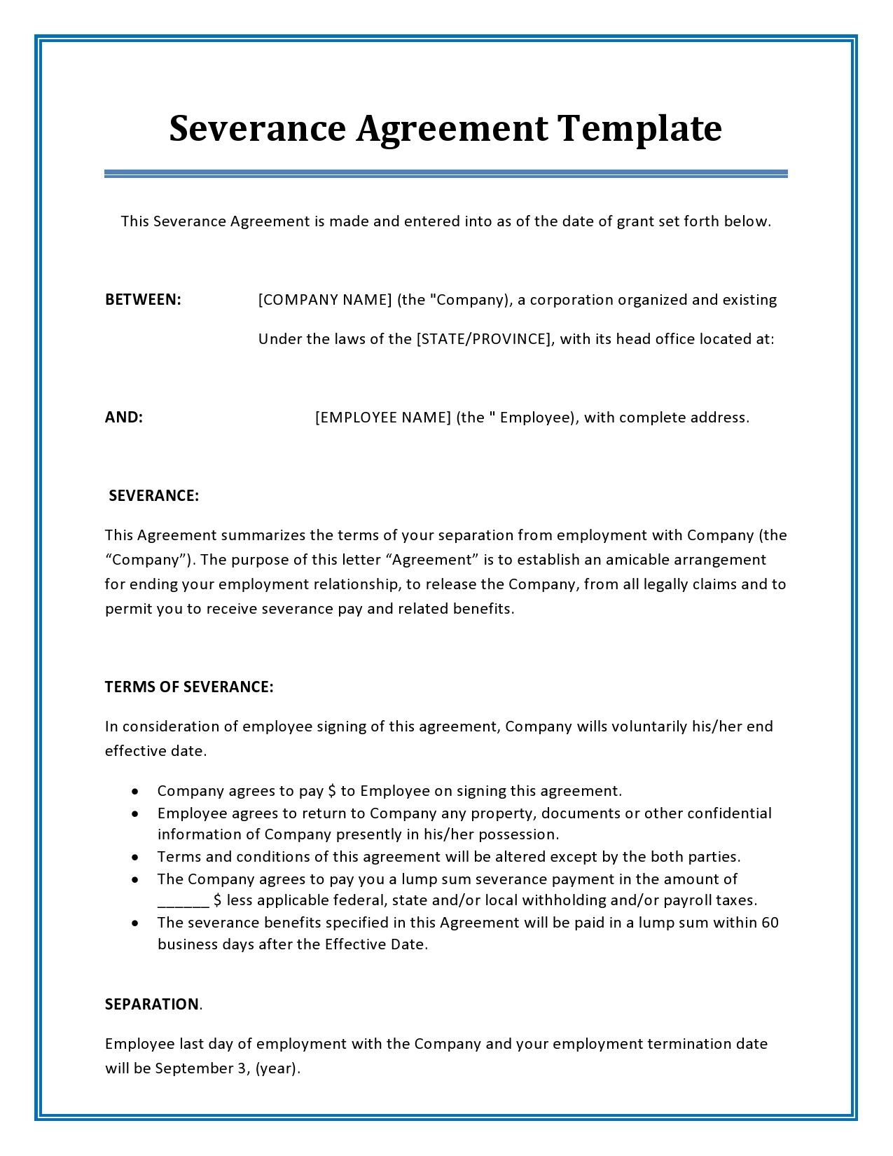 Example Severance Agreement Template Example Severance Agreement Template