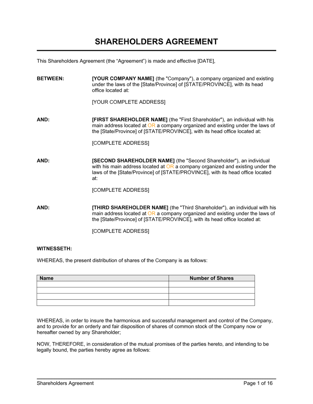 Example Shareholders Agreement Template Example Shareholders Agreement Template