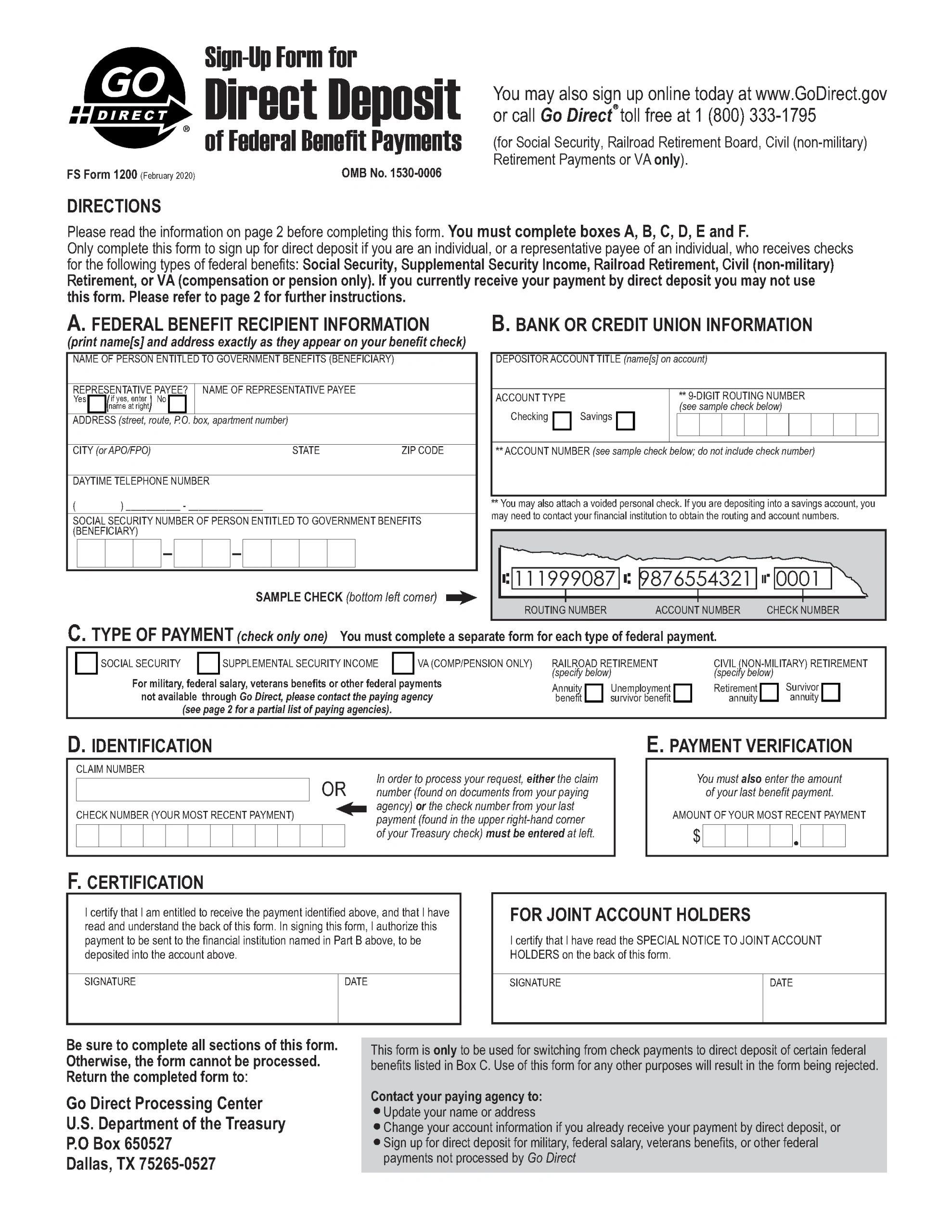 Example Social Security Direct Deposit Form Example Social Security Direct Deposit Form