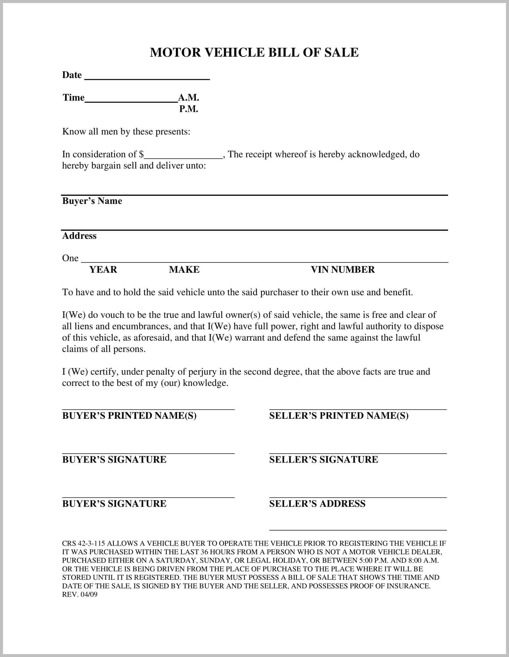 Example Standard Bill of Sale Template Example Standard Bill of Sale Template