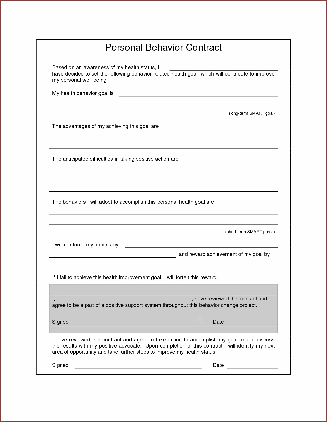 Example of Behavior Contract Template For Adults