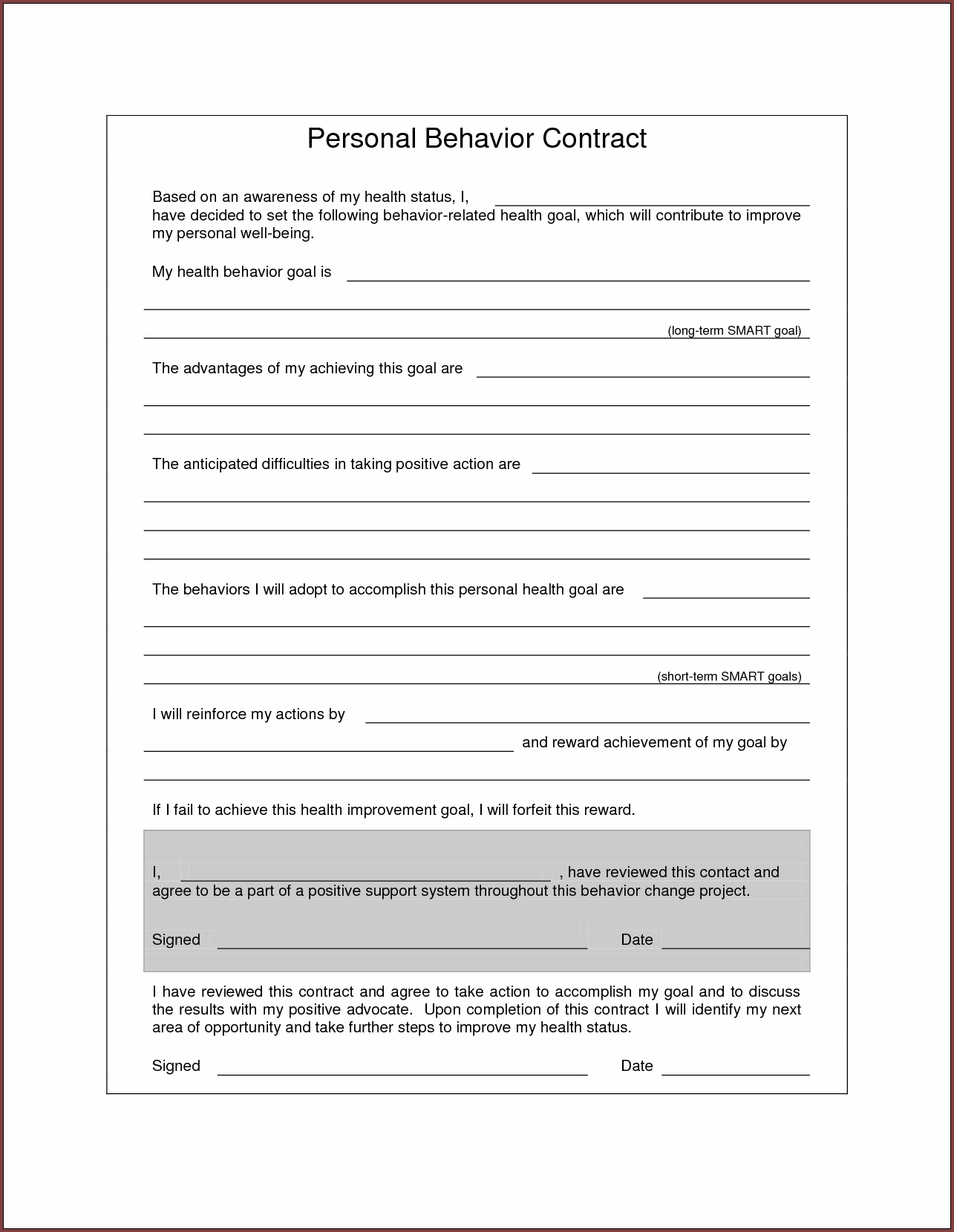  Free Editable Behavior Contract Template For Adults