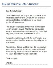 Example of Business Referral Thank You Note Template