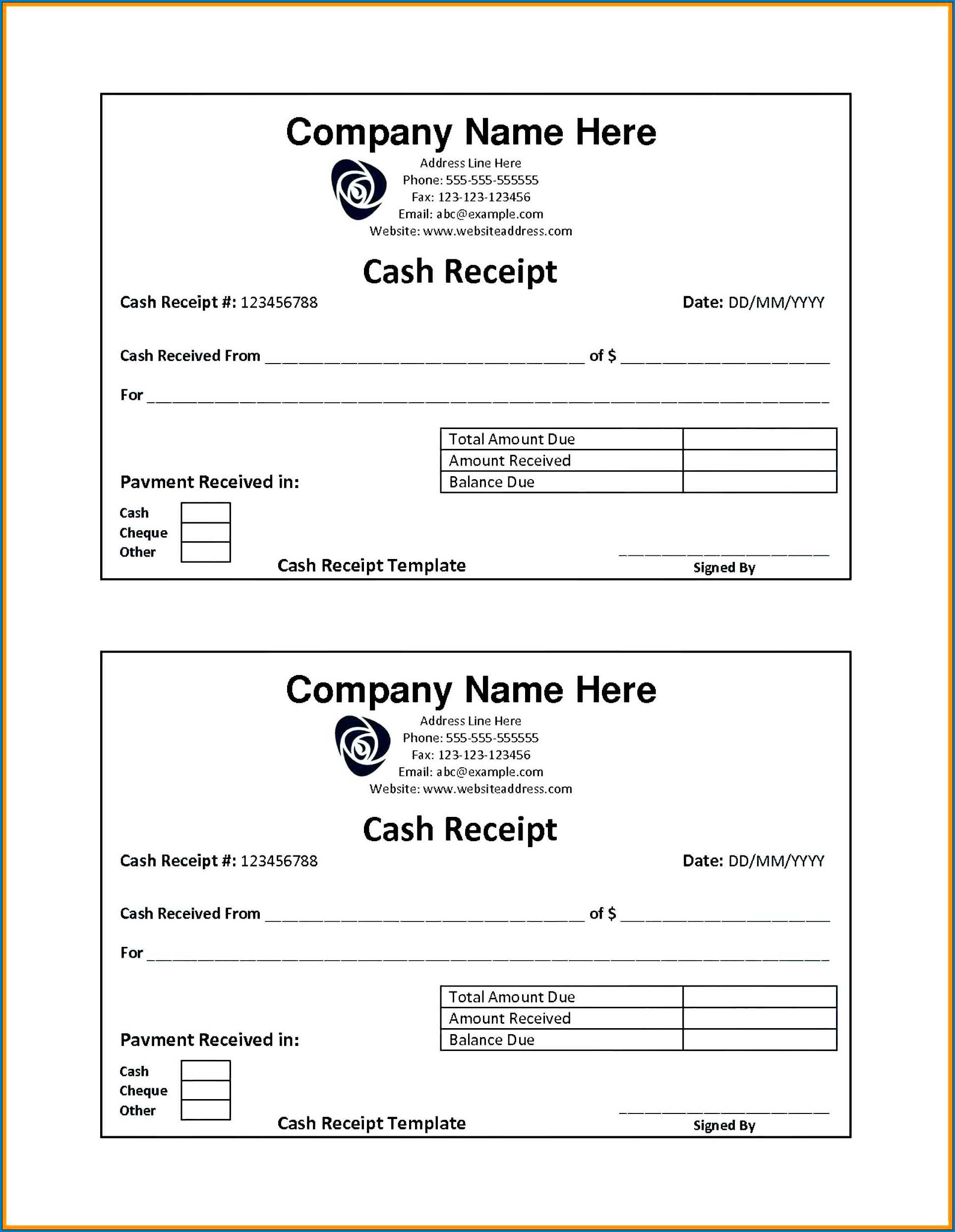 Example of Cash Receipt Template Word