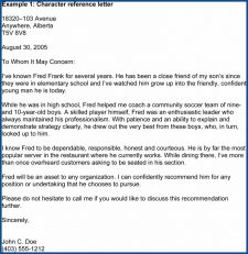Example of Character Letter Of Recommendation Template