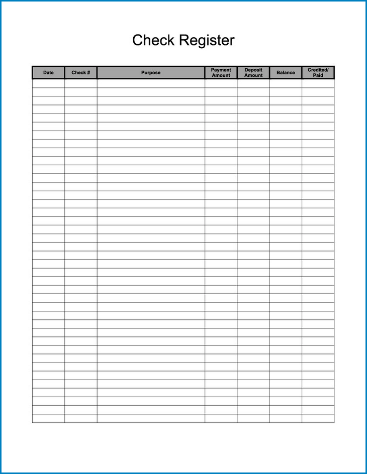 Example of Checkbook Register Template