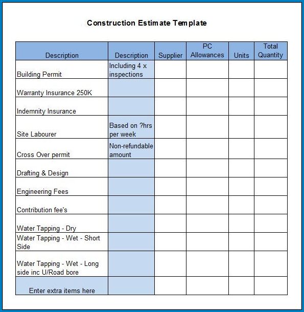 Example of Construction Estimate Template Excel