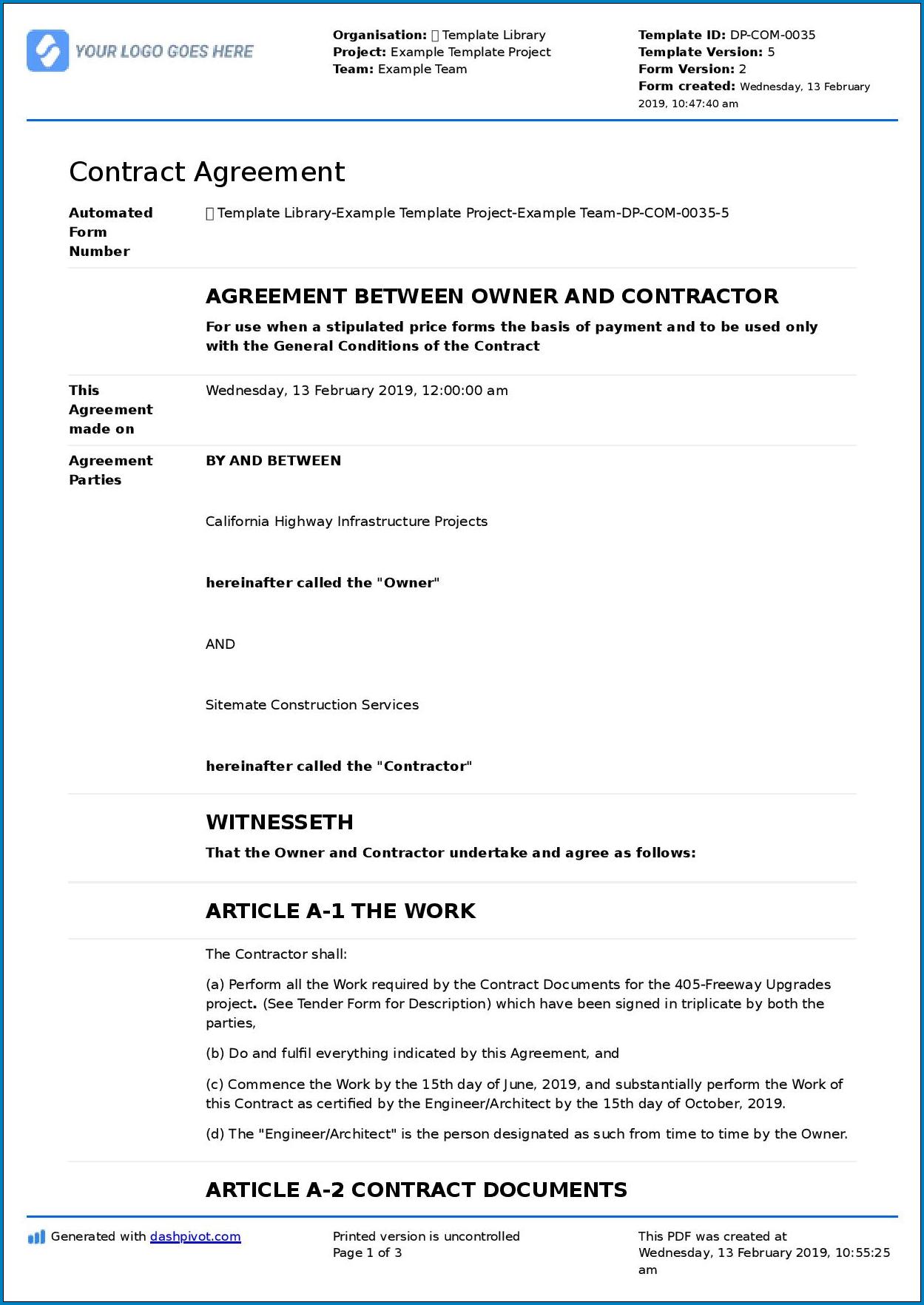 Example of Contract Agreement For Construction Work