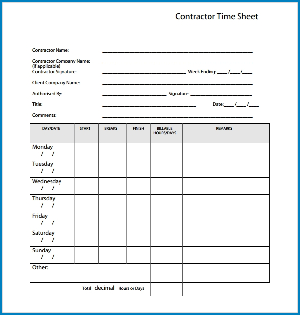 Example of Contractor Timesheet Template