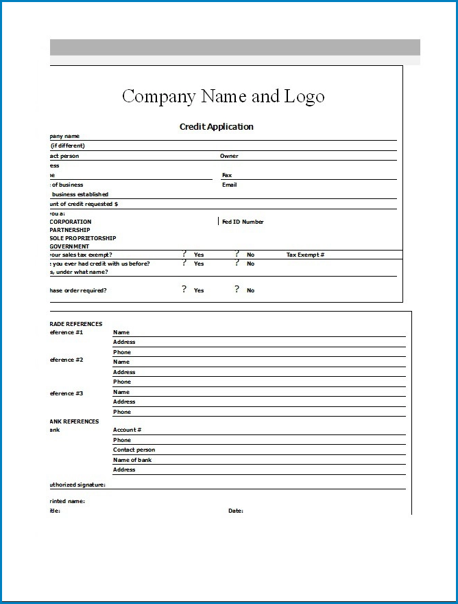 Example of Credit Application Form for Business
