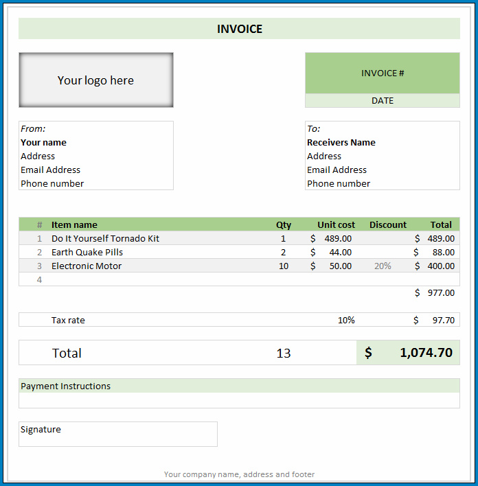 Example of Free Invoice Template Excel