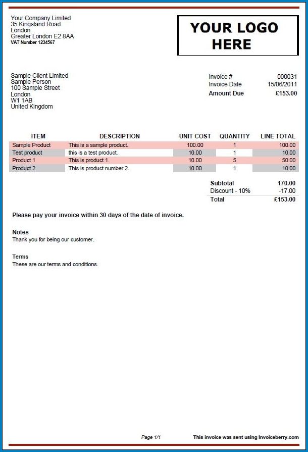 Example of Freelance Invoice Template