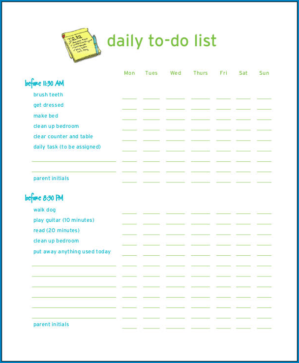 Example of Kid To Do List Template