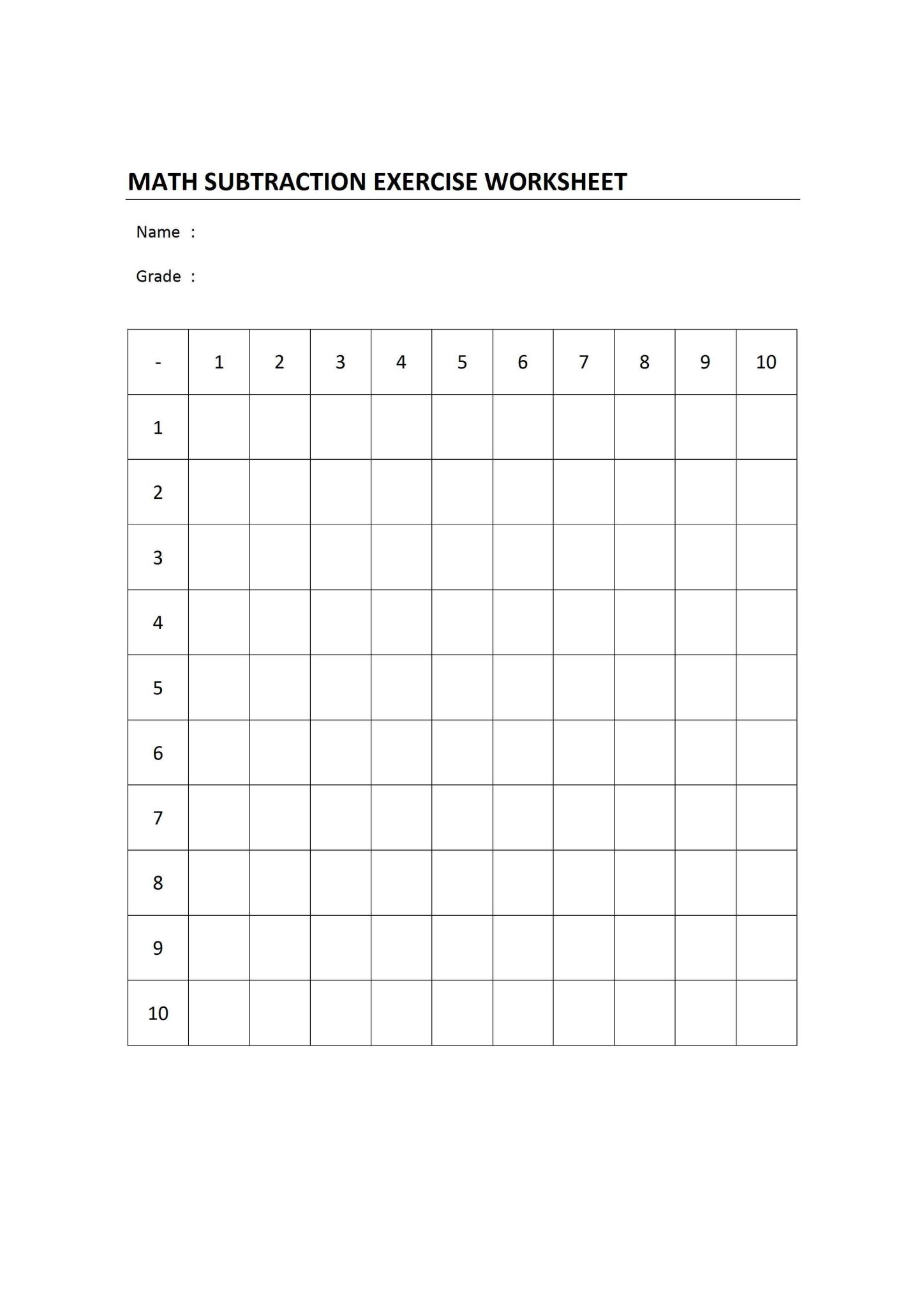 √ Math Subtraction Table Worksheet Template